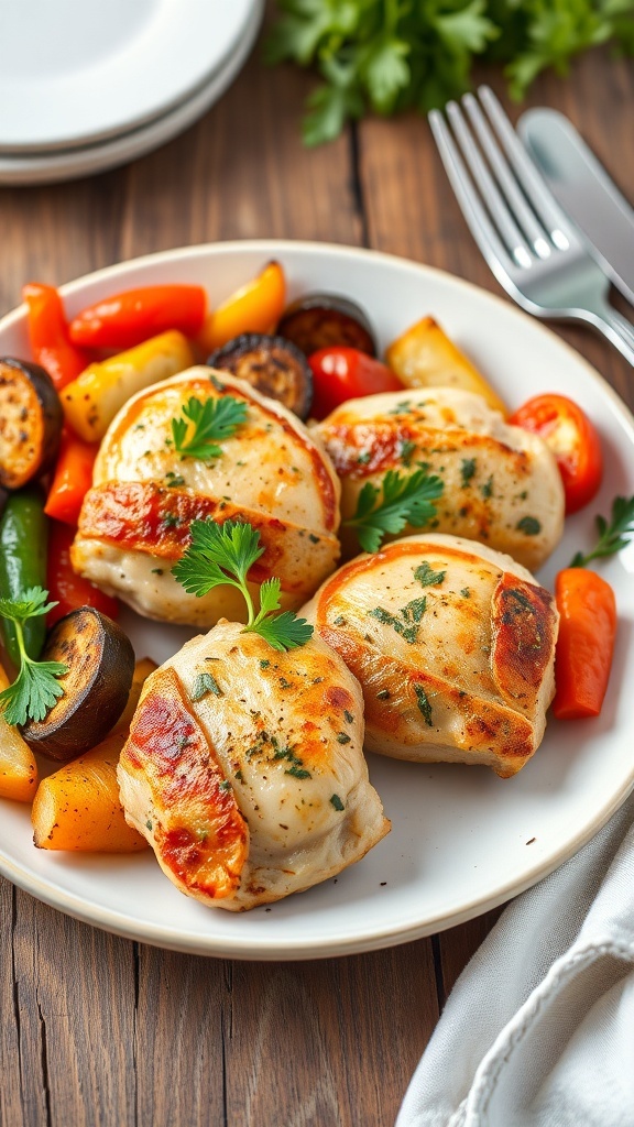 Garlic herb chicken breast garnished with parsley, served with roasted vegetables on a rustic table.